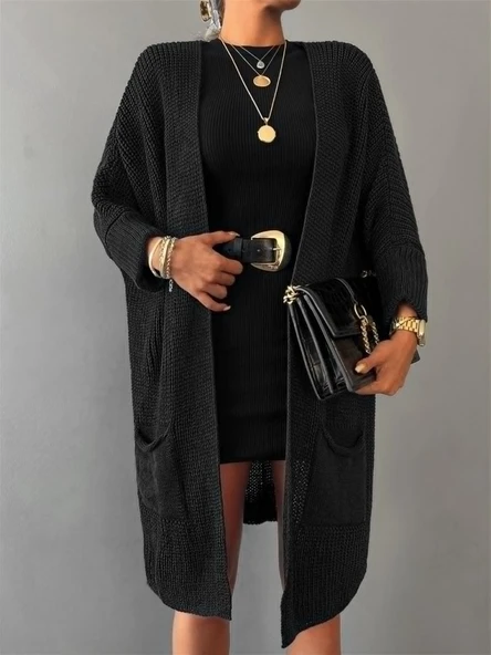 Kadın Oversize Kalıp Cep Detay Salaş Triko Hırka - Resim 4