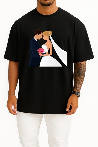 Oversize Bridegroom Marriage Wedding İnvitation Göğüs Tasarımlı Unisex T-Shirt - Resim 11