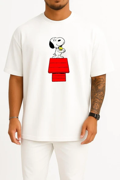 Oversize The Peanuts Snoopy İllustration, Snoopy Wood Göğüs Tasarımlı Unisex T-Shirt - Resim 7