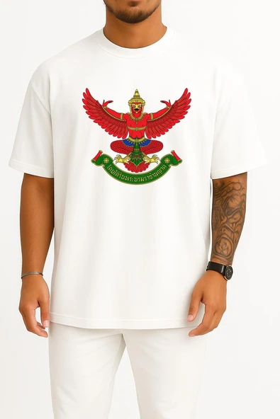 Oversize Emblem Of Thailand Garuda Symbol Flag Of Thailand Göğüs Tasarımlı Unisex T-Shirt - Resim 5