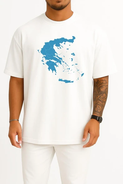 Oversize Yunanistan Haritası Ve Adalar Göğüs Tasarımlı Unisex T-Shirt - Resim 7