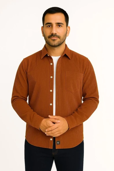 Erkek Fitilli Kadife Cepli Gömlek Oversize Rahat Kalıp - Kahverengi - Resim 2