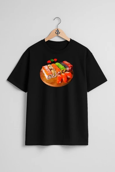 Oversize California Roll Sashimi Sushi Makizushi Unagi Göğüs Tasarımlı Unisex T-Shirt - Resim 9