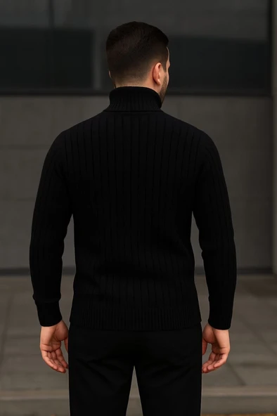 Erkek Balıkcı Yaka Bağazlı Triko Kazak Pamuklu Kalın Fitilli Dokuma, Regular Fit Uzun Kollu Kışlık Model - Siyah - Resim 2