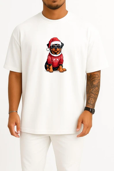 Oversize Yılbaşı Yeni Yıl Köpek Göğüs Baskılı Unisex T-Shirt ürün görseli 1