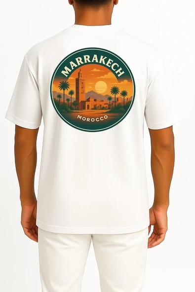 Oversize Fas Marakeş Şehri Cep ve Sırt Tasarımlı Unisex T-Shirt - Resim 12