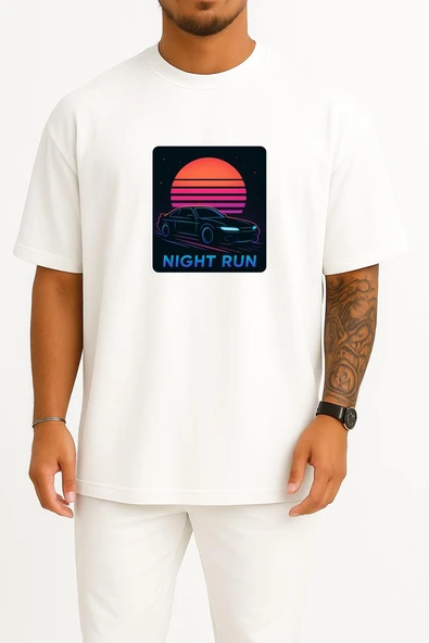 Oversize Jdm Night Run – Neon Sunset Göğüs Tasarımlı Unisex T-Shirt - Resim 5