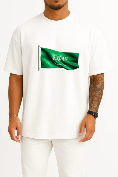 Oversize Suudi Arabistan Bayrak Göğüs Tasarımlı Unisex T-Shirt ürün görseli