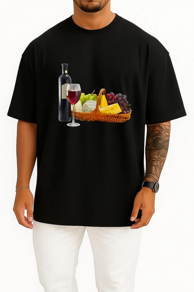 Oversize Şişe Wine Ve Meyve Tabağı Göğüs Tasarımlı Unisex T-Shirt - Resim 11
