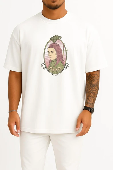 Oversize Arya Stark Game Of Thrones Göğüs Tasarımlı Unisex T-Shirt - Resim 5