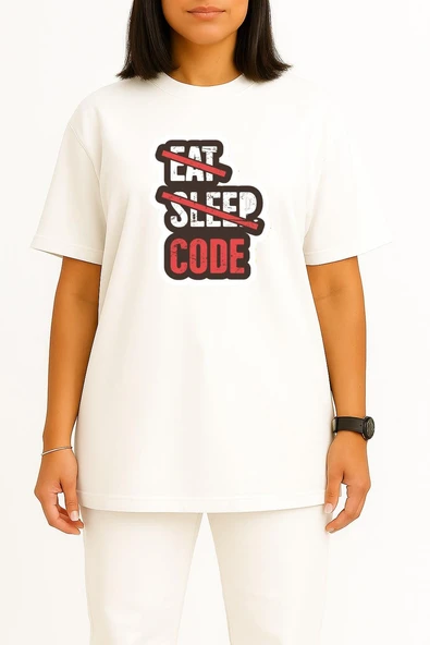 Oversize Yeme Uyuma Sadece Kod Yaz Yazılımcı - Programmer Göğüs Baskılı Unisex T-Shirt - Resim 8