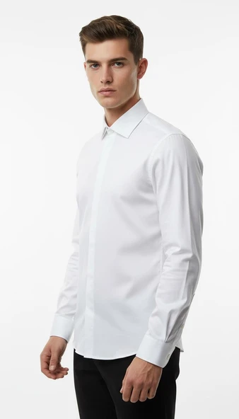 Erkek Beyaz/Mavi Slim Fit Gömlek – Plus Scorpion, Ofis & Günlük Şık Kombin, Ütü Gerektirmeyen - Resim 4