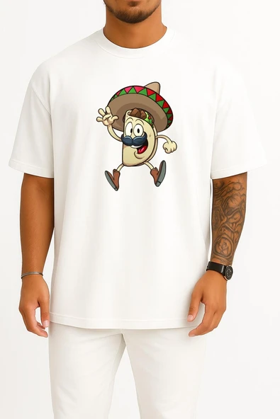 Oversize Taco Mexican Cuisine Cartoon Göğüs Tasarımlı Unisex T-Shirt - Resim 5