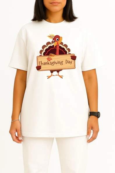 Oversize Şükran Günü Akşam Yemeği Göğüs Tasarımlı Unisex T-Shirt - Resim 2