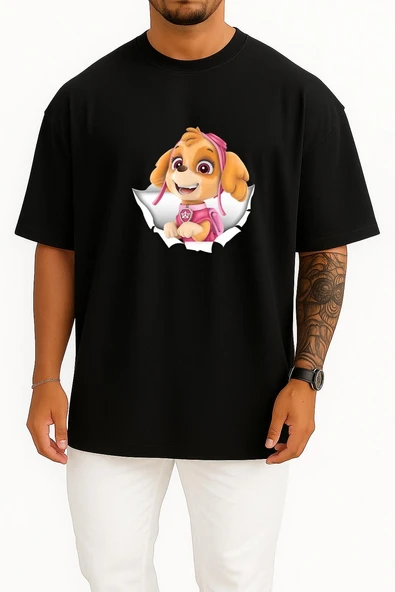 Oversize Paw Patrol Skyie İllustration Göğüs Tasarımlı Unisex T-Shirt - Resim 11
