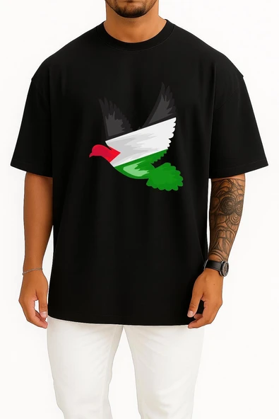 Oversize Barış Güvercini Filistin Göğüs Tasarımlı Unisex T-Shirt - Resim 11