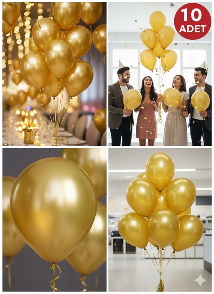 10 Adet Altın Parıltılı Metalik Balonlar ✨ Parti & Kutlama Paketi ürün görseli 1