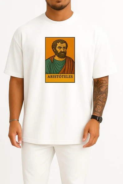 Oversize Aristoteles Matematik Filozofu Göğüs Tasarımlı Unisex T-Shirt - Resim 5