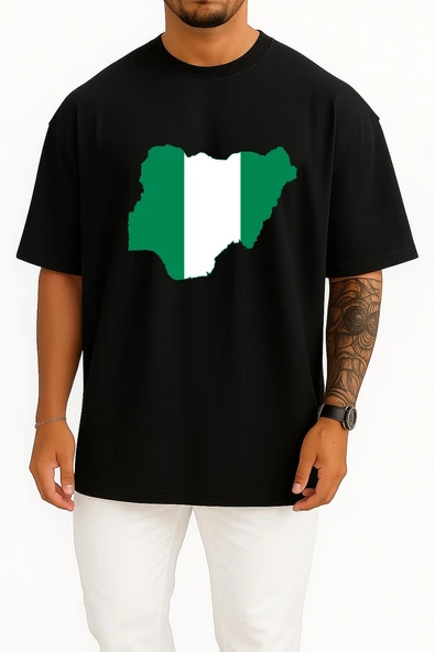 Oversize Nijerya Bayrağı Ve Haritası Göğüs Tasarımlı Unisex T-Shirt - Resim 9