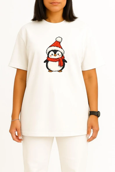 Oversize Yılbaşı Penguen Christmas Göğüs Baskılı Unisex T-Shirt - Resim 11