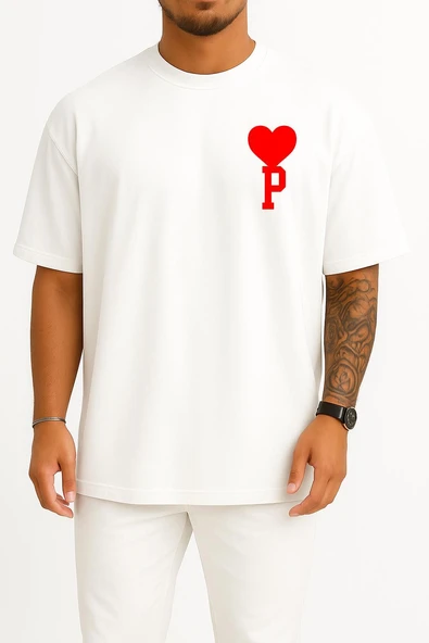 Oversize Kalp Ve P Harfi Cep Tasarımlı Unisex T-Shirt - Resim 3