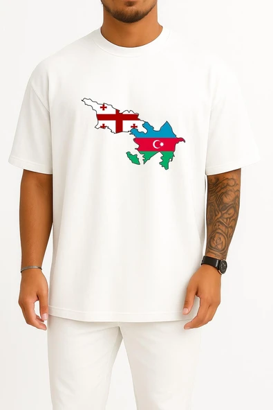 Oversize Georgia Azerbaijan Göğüs Tasarımlı Unisex T-Shirt - Resim 3