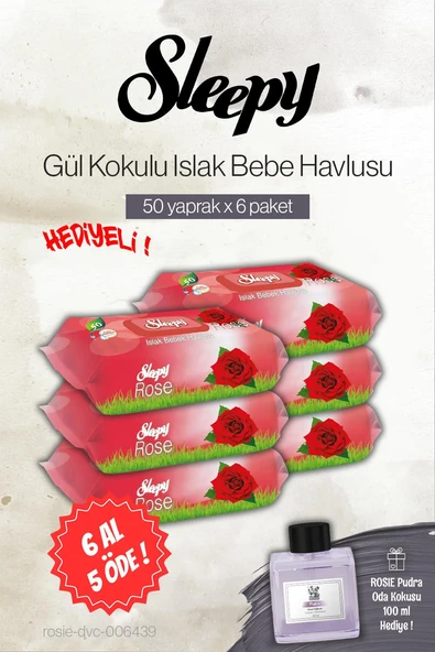 Sleepy 50'li Gül Kokulu Bebe Islak Havlu 6 AL 5 ÖDE, Rosie Pudra Oda Kokusu ürün görseli