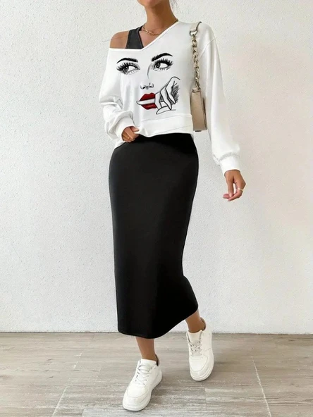 Kadın Askılı Yuvarlak Yaka Viskon Iki Iplik Elbise Ve V Yakalı Bluz Ikili Takım - Resim 2