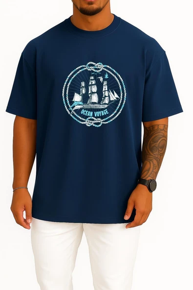 Oversize Ocean Voyage Göğüs Tasarımlı Unisex T-Shirt - Resim 9