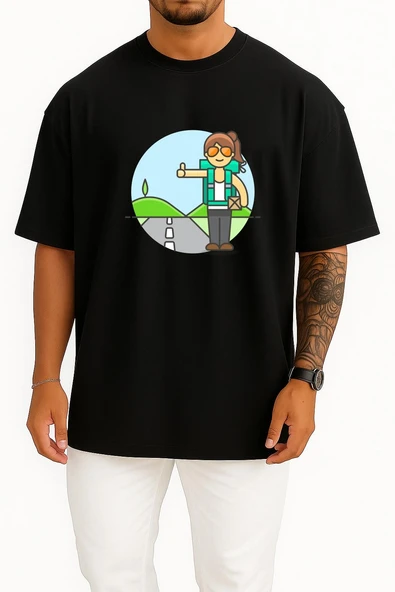 Oversize Otostop Gezgin Kadın - Traveller Göğüs Tasarımlı Unisex T-Shirt - Resim 11