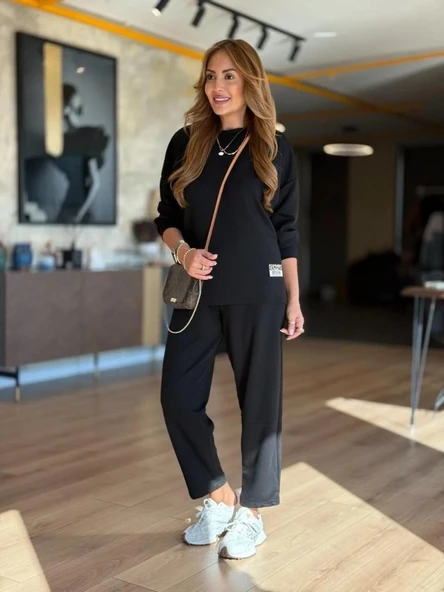 Kadın Uzun Kollu Bisiklet Yaka Viskon Iki Iplik Bluz Ve Pantolon Ikili Takım - Resim 3