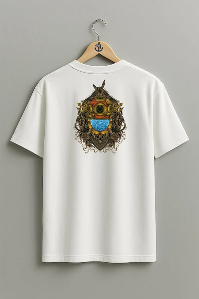 Oversize Dalgıç Antique Diving Helmet Cep ve Sırt Tasarımlı Unisex T-Shirt - Resim 11