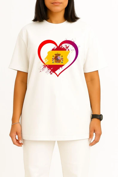 Oversize İspanya Kalp İçinde Göğüs Baskılı Unisex T-Shirt - Resim 2