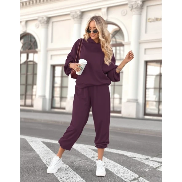 Lucky Life Kadın Uzun Kollu Kapşonlu Viskon Iki Iplik Bluz Ve Pantolon Ikili Takım ürün görseli