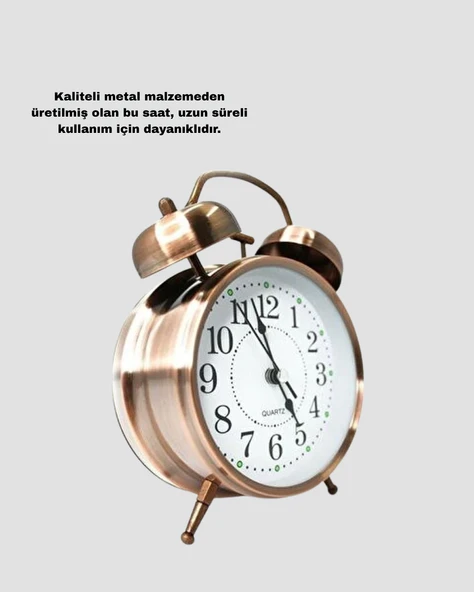 Nostaljik Büyük Boy Metal Masa Saati Bronz Kaplama ve Yüksek Sesli Alarm - Resim 4