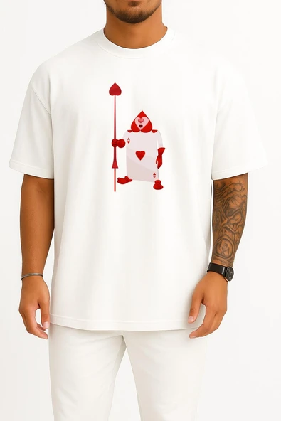 Oversize Alice Harikalar Diyarında Kalp Kartı Ace Göğüs Tasarımlı Unisex T-Shirt - Resim 3
