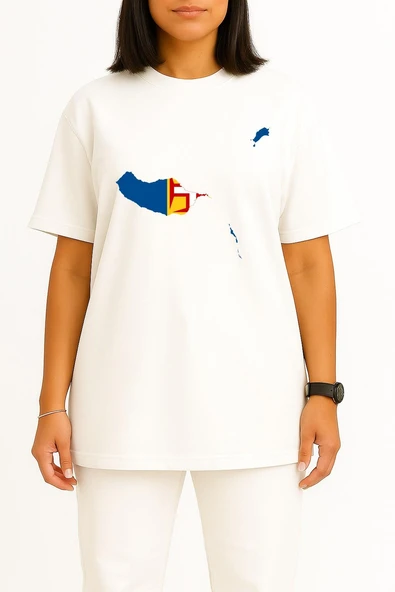 Oversize Madeira Adası Madeira Bayrağı Portekiz Göğüs Baskılı Unisex T-Shirt - Resim 5