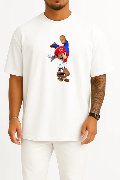 Oversize Potato And Super Mario Göğüs Tasarımlı Unisex T-Shirt ürün görseli