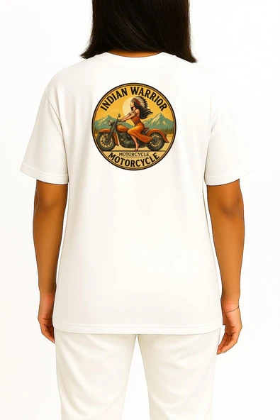 Oversize İndian Warrior Motorcycle Cep ve Sırt Baskılı Unisex T-Shirt - Resim 9