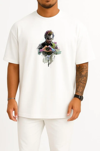 Oversize Joker Heath Ledger The Dark Knight Harley Quinn Batman Göğüs Tasarımlı Unisex T-Shirt - Resim 3