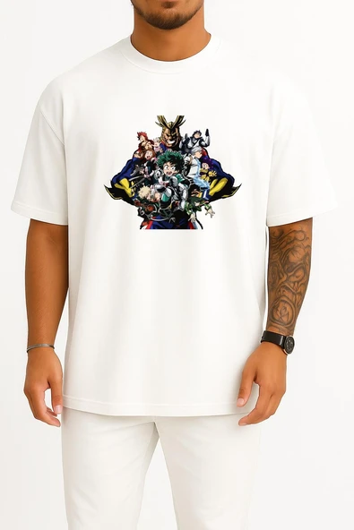 Oversize My Hero Academia Anime Göğüs Tasarımlı Unisex T-Shirt - Resim 7