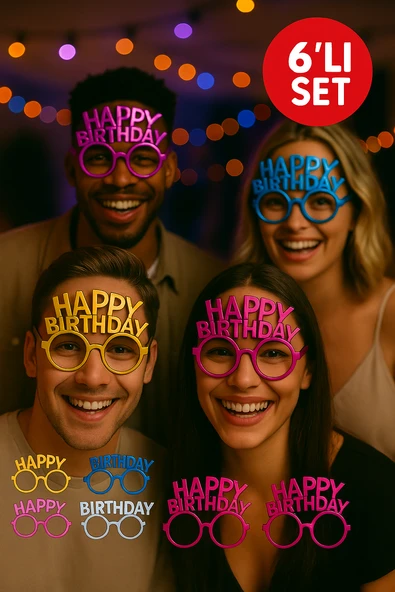 6’lı Set Happy Birthday Parti Gözlüğü – Metalik Renk Karışık Doğum Günü Eğlence Aksesuarı ürün görseli