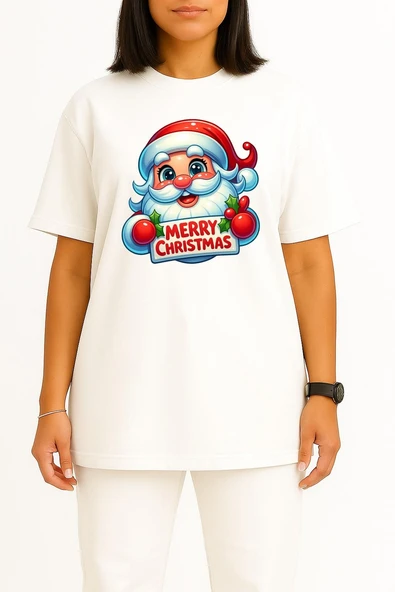 Oversize Merry Christmas Yılbaşı Göğüs Baskılı Unisex T-Shirt - Resim 11