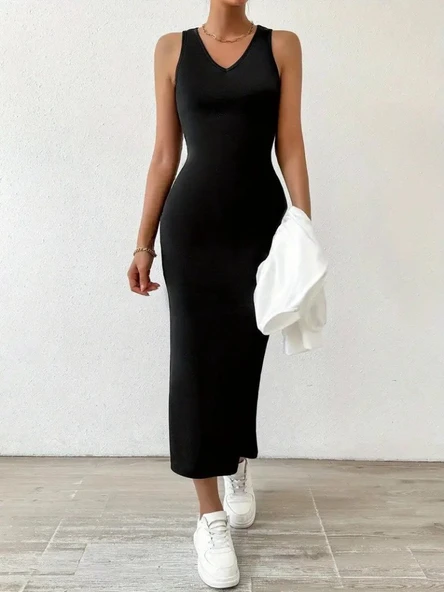 Kadın Askılı Yuvarlak Yaka Viskon Iki Iplik Elbise Ve V Yakalı Bluz Ikili Takım - Resim 3