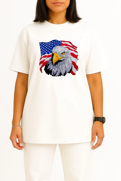 Oversize Amerika Kartalı Ve Amerika Bayrağı Göğüs Tasarımlı Unisex T-Shirt - Resim 5