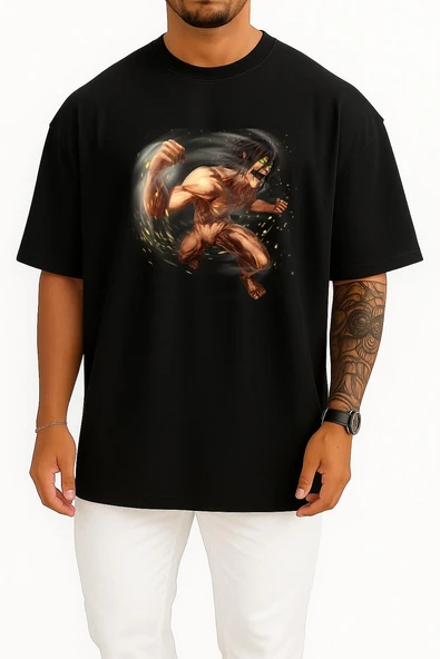 Oversize Attack On Titans Eren Göğüs Tasarımlı Unisex T-Shirt - Resim 9