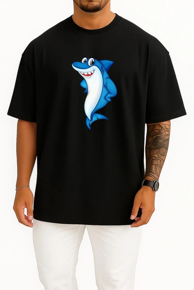 Oversize Great White Shark Bull Shark Göğüs Tasarımlı Unisex T-Shirt - Resim 9