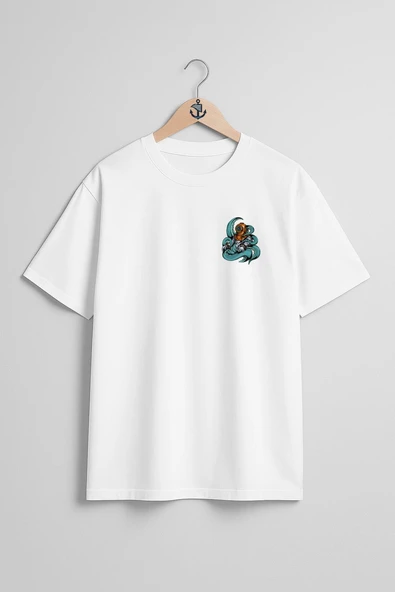 Oversize Diver Octopus Cep ve Sırt Tasarımlı Unisex T-Shirt - Resim 10