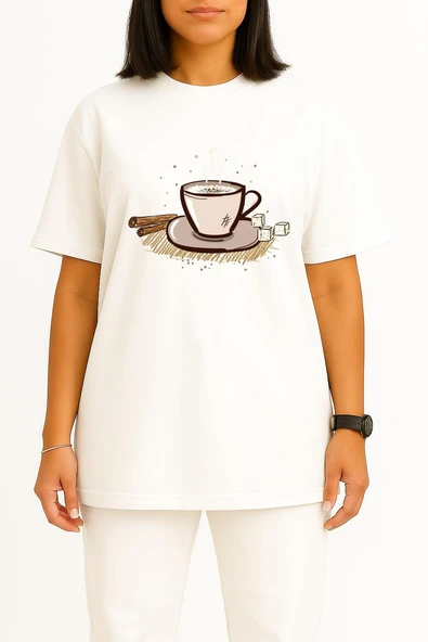 Oversize Cappuccino Kahve Latte Espresso Çay Göğüs Tasarımlı Unisex T-Shirt - Resim 8