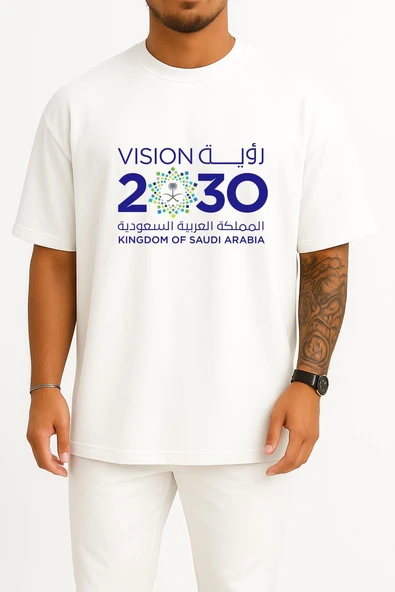 Oversize Kingdom Of Saudi Arabia 2030 Göğüs Tasarımlı Unisex T-Shirt - Resim 7